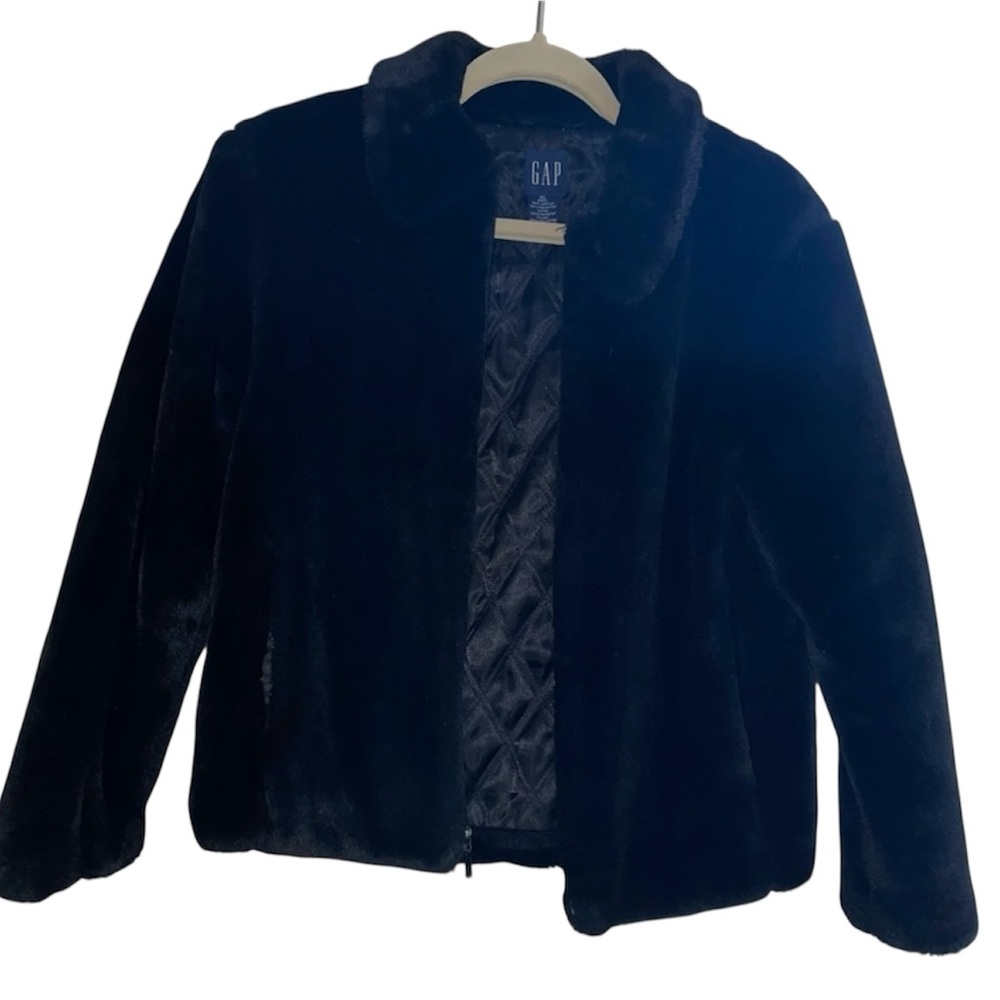 GAP Black Faux Fur Coat Girls XL Bomber Teddie Jacket Lined Winter Fall Warm